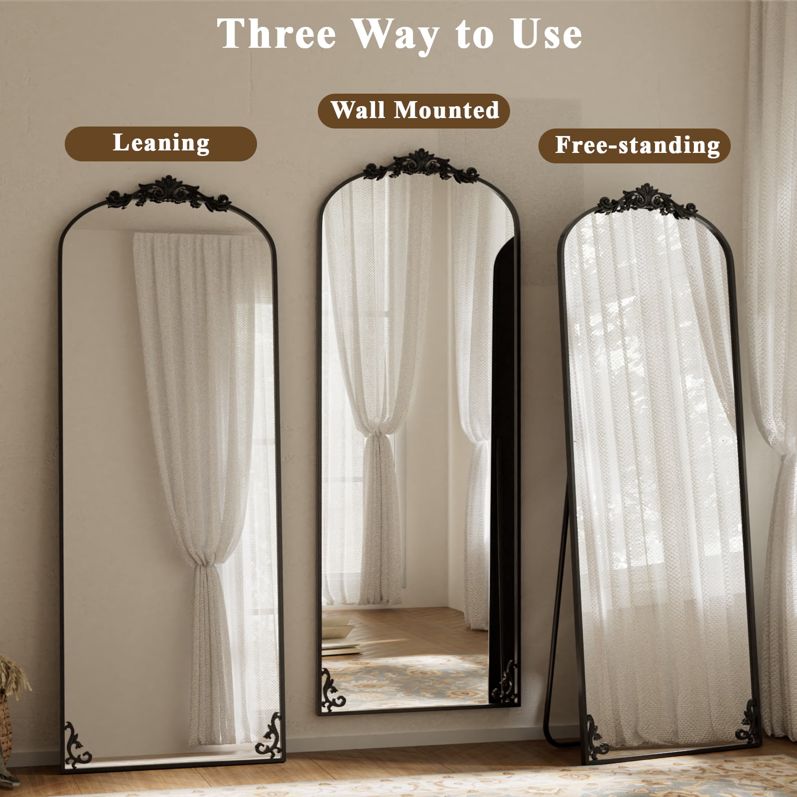 Mirstory 65"x 24" Arched Full Length Mirror Baroque Vintage Mirror with Carved Metal Frame, Black