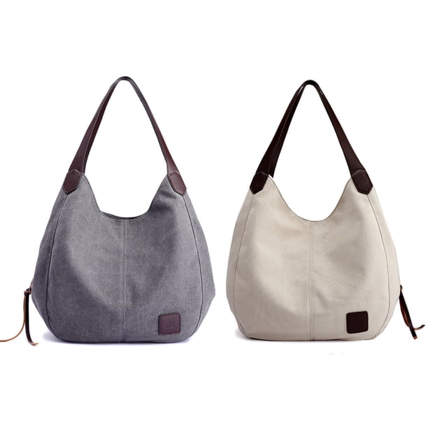 Bolso de hombro multibolsillos para mujer, bolso de lona, bolso de un solo hombro, artístico y minimalista Blanco + Gris