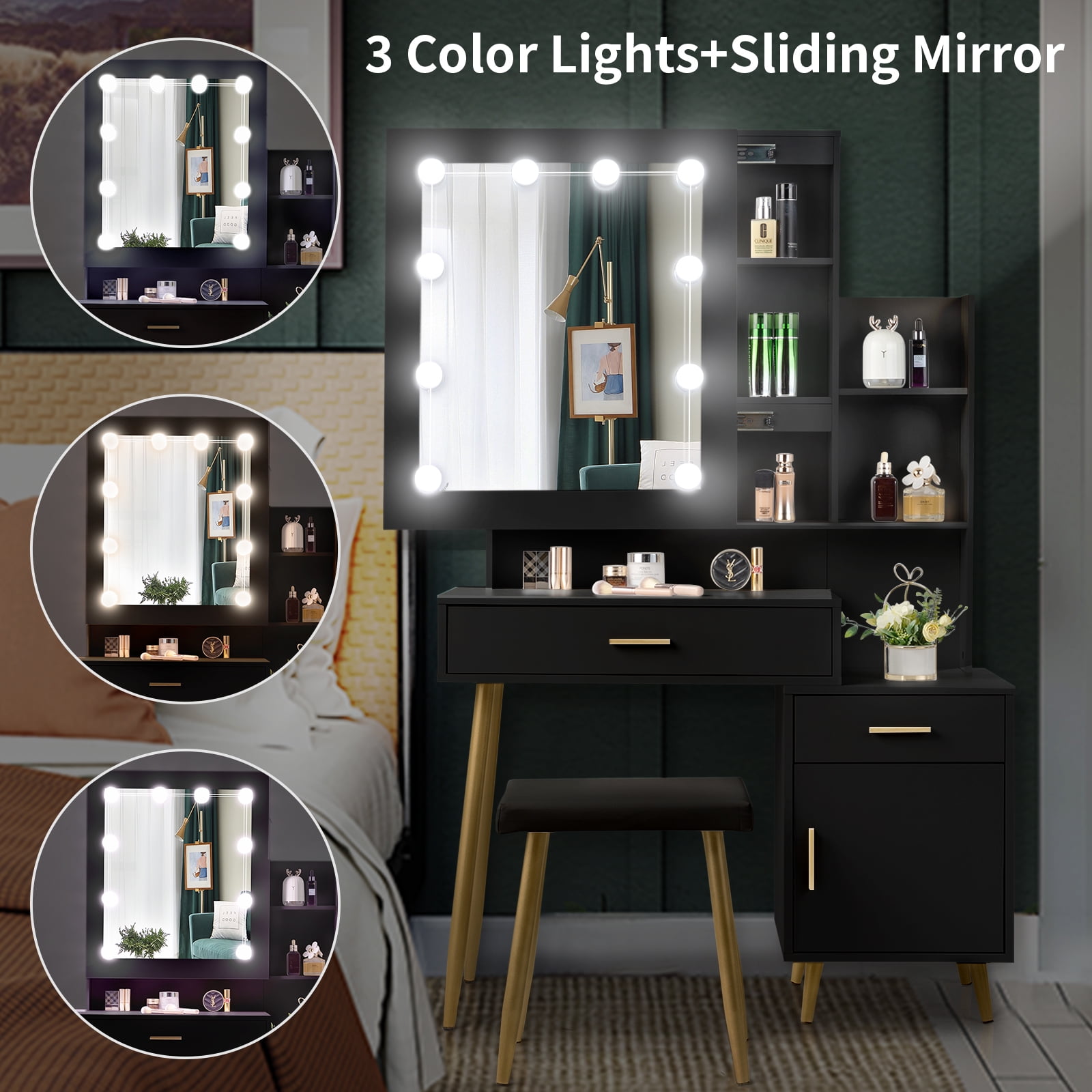 Ktaxon Lighted Makeup Vanity Table Set, Dressing Table with Sliding Mirror, Vanity Desk , Black