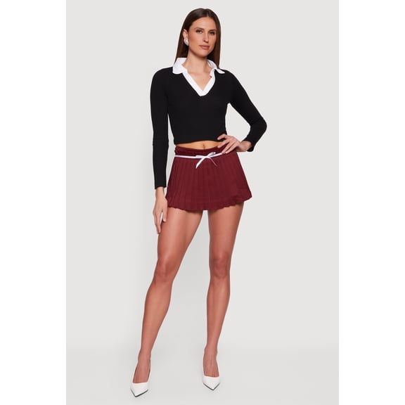Women's Contrast Trim Ribbed Knit Cropped Polo Shirt