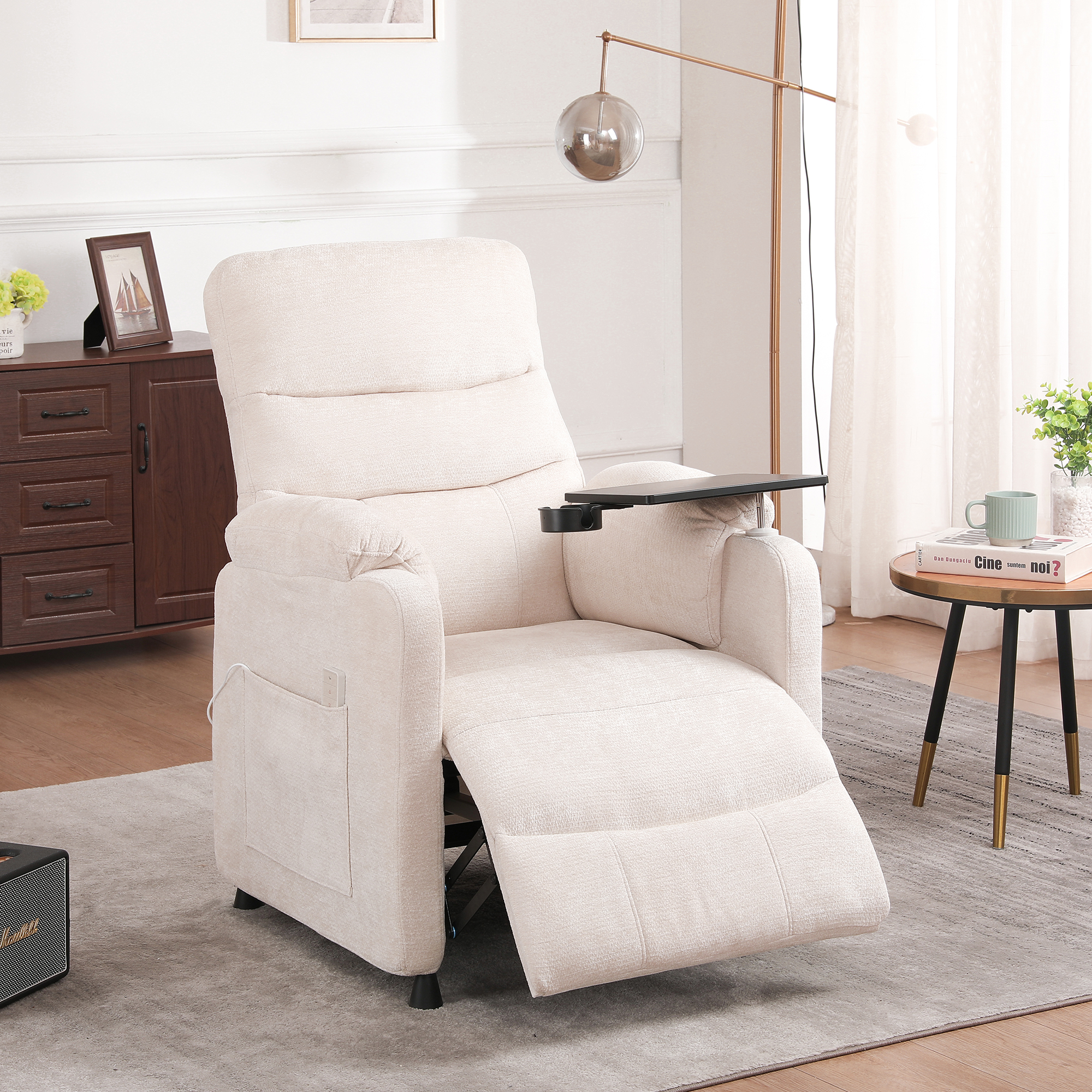 Miniyam Power Recliner Chair with Lumbar support in White, Tabletop & Cup Holder Full Steel Frame 7-Zone Support with Wired Memory Remote for Home Theater Indoor