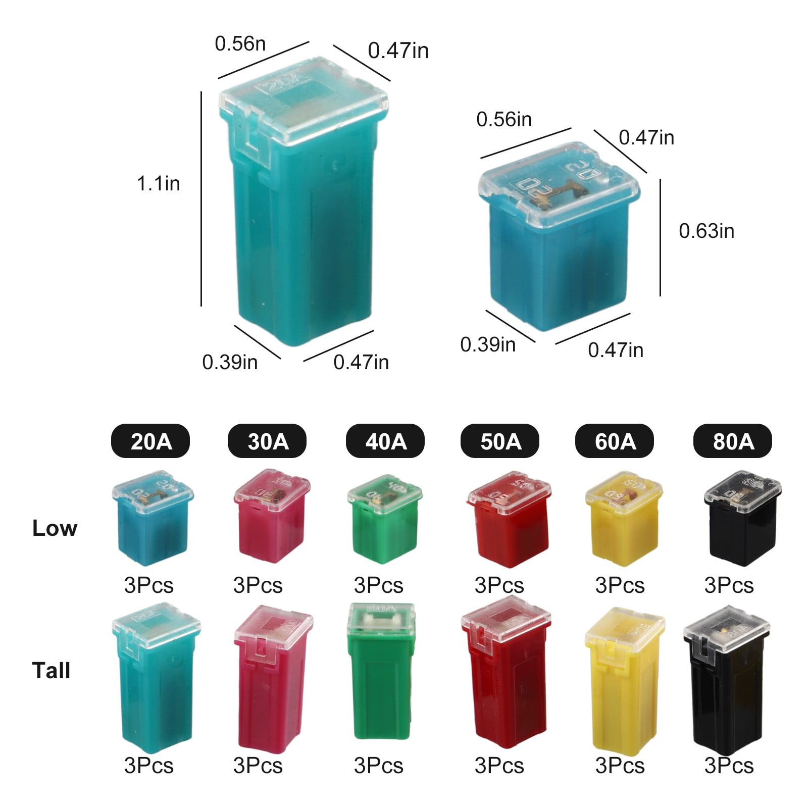 36Pcs Car Fuse Assortment Kit Tall/Std And Low Profile Box Shaped 20A/30A/40A/50A/60A/80A Car Blade Fuse Set