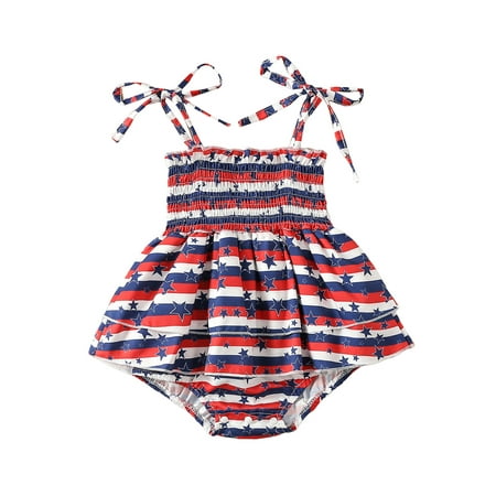 

Maemukilabe Toddler Baby Girls Independence Day Romper Dress Stars Stripe Printed Bandage Strap Summer Casual Jumpsuit Dark Blue 9-12 Months