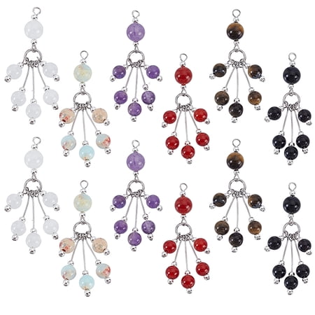 12Pcs 6 Styles Round Stone Tassel PendantsNatural Gemstone Pendants Mixed Stones Beading Charms for Bracelets Keyrings Anklets DIY Crafts