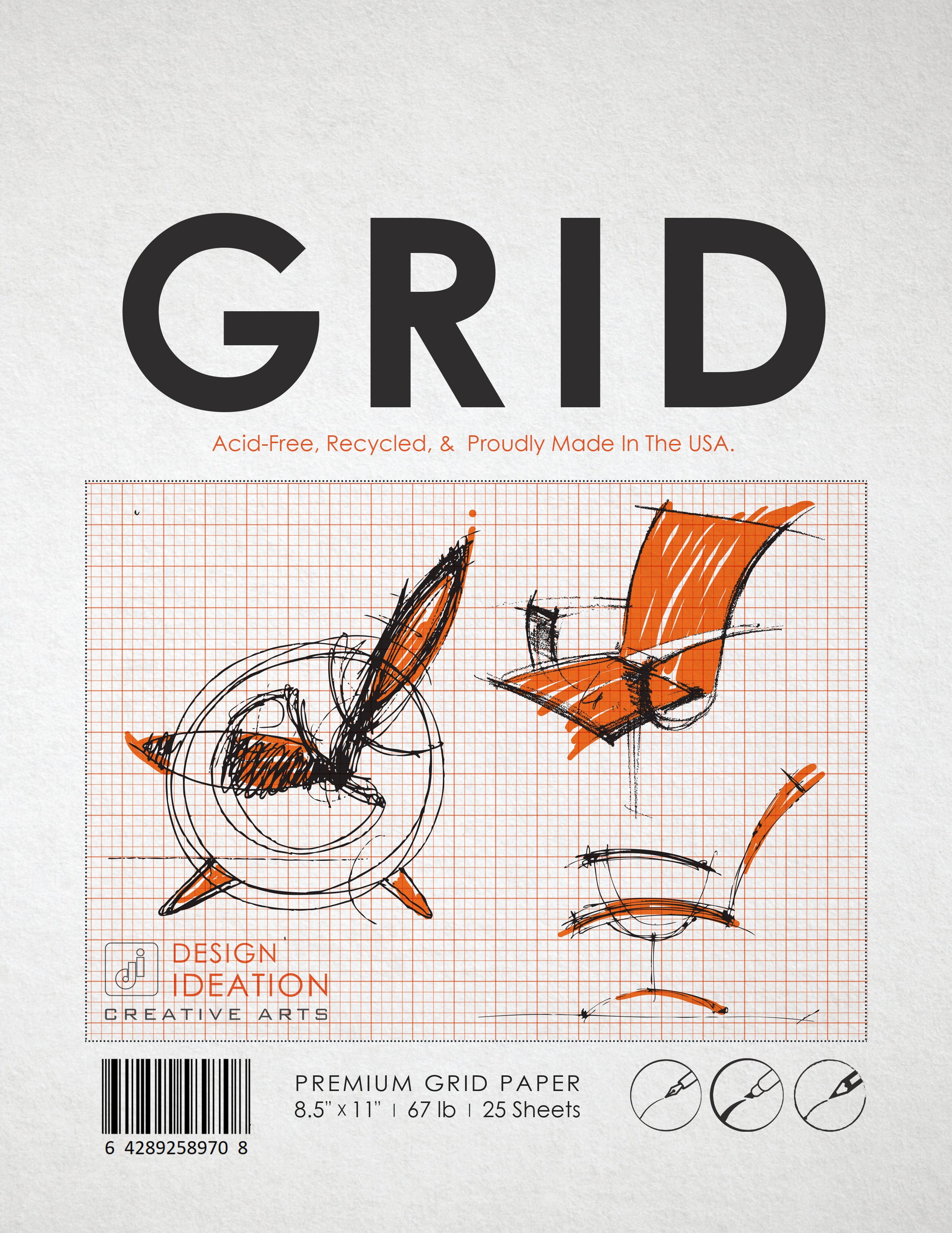 ORANGE Grid Paper : Multi-media grid paper for pencil, ink, marker and watercolor paints. (8.5" x 11") (100 Sheets)