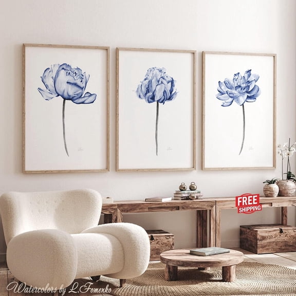 UNFFRAMED Peony Flower Posters Master Bedroom Wall Decor Over The Bed Above Bed Decor Modern Home Decor Giclee Navy Blue Wall Art Set Of 3 Wall Art Set 3 Prints 8x12
