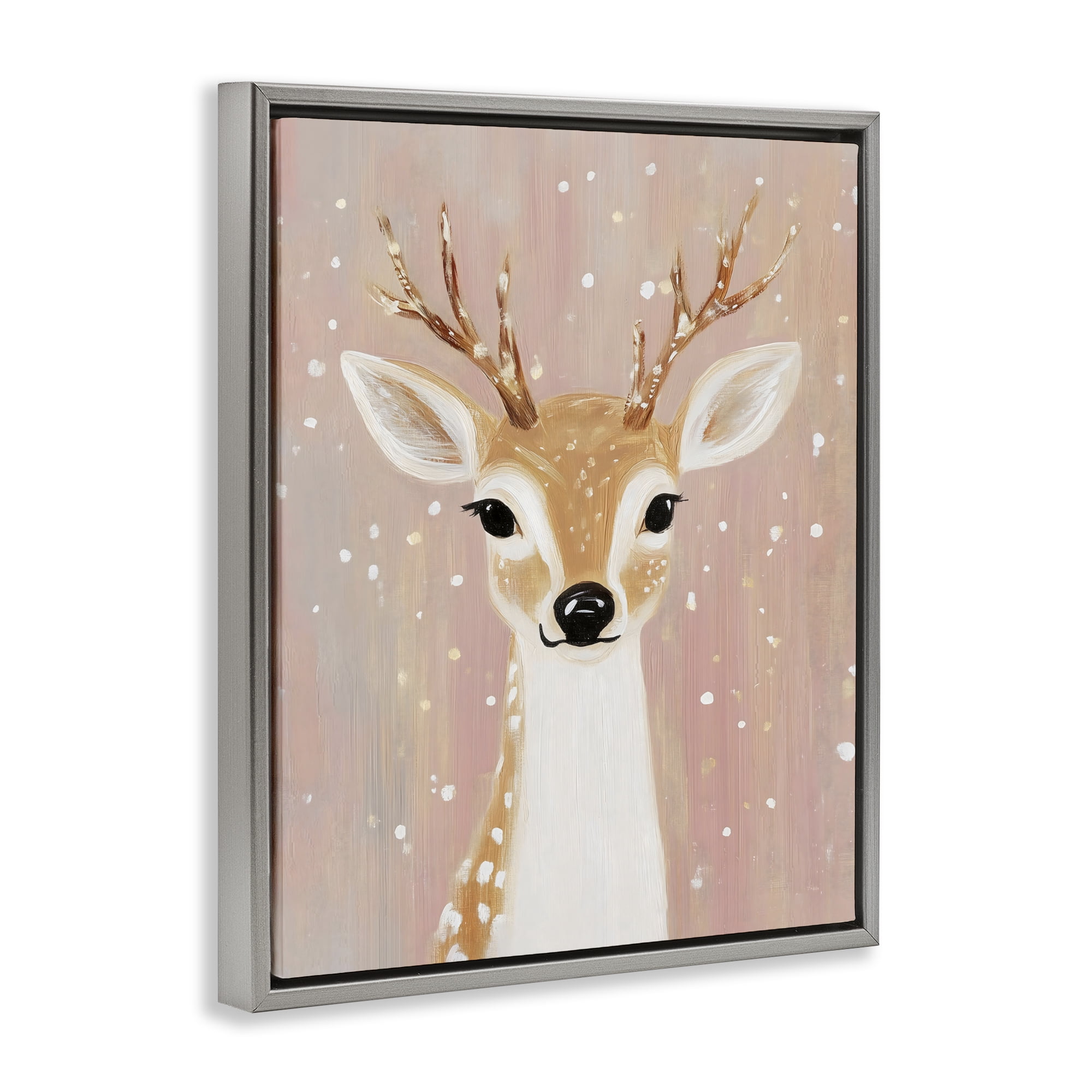 Stupell Industries Blush Pink Deer with Snowflakes Gray Framed Floater Canvas Wall Art, design by The Prints Vibe
