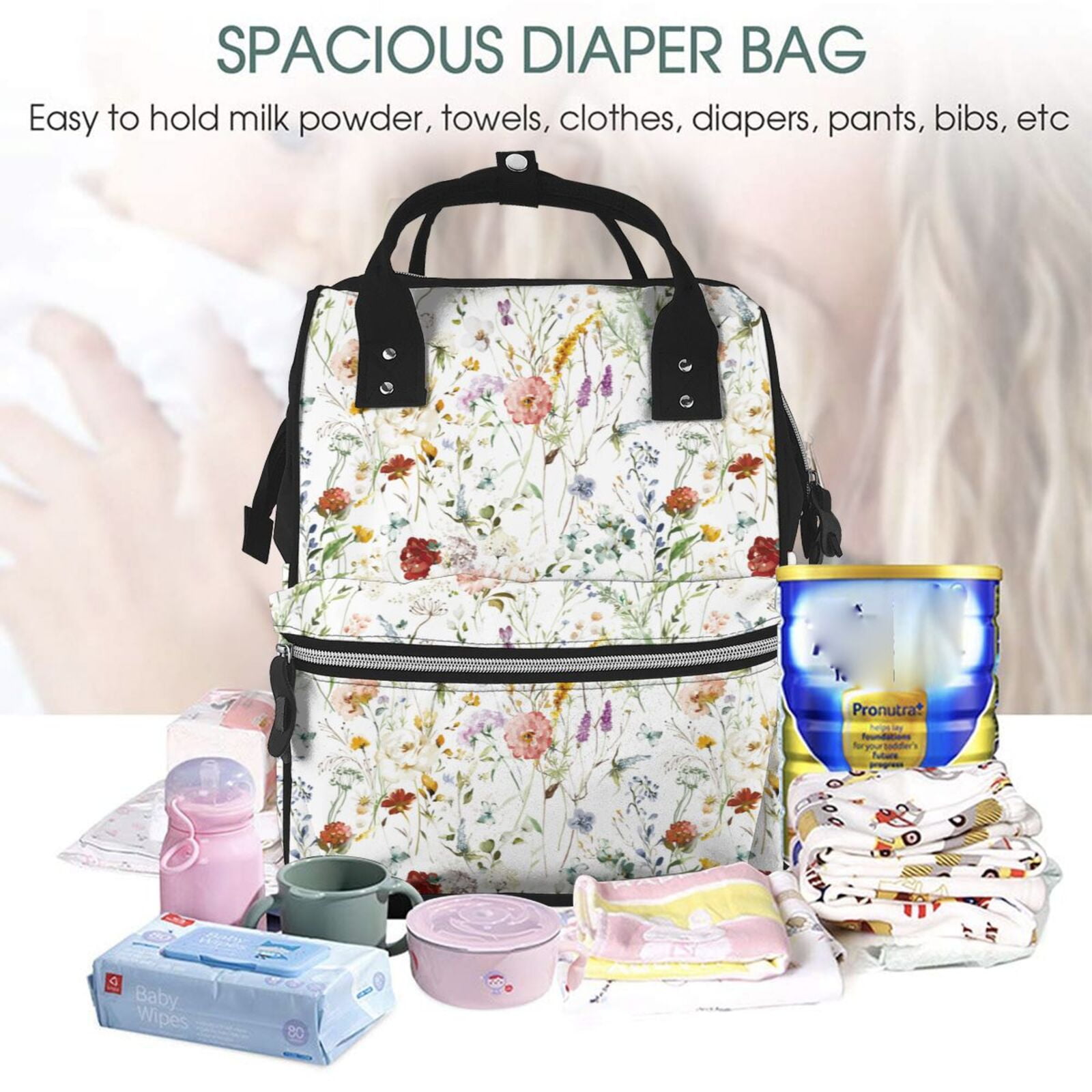 Defioc Wildflower Watercolor for Baby Diaper Bag Backpack - Baby Bag for Boys & Girls - Diaper Backpack - Large Travel Diaper Bags- Baby Registry Search & Shower Gifts