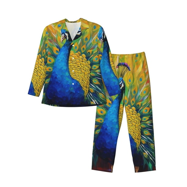 Balery Peacocks Pijama para Hombre de Dos Piezas con Manga Larga, Conjunto de Dormir y Descanso Suave con Bolsillos-Medium