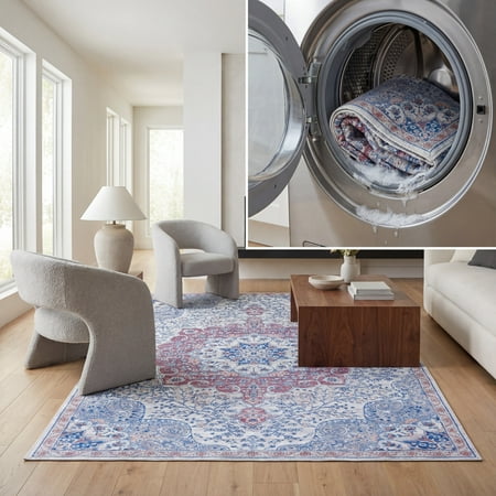 SAFAVIEH Serapi Braden Traditional Machine Washable Area Rug, Ivory/Red, 5'3" x 7'7"
