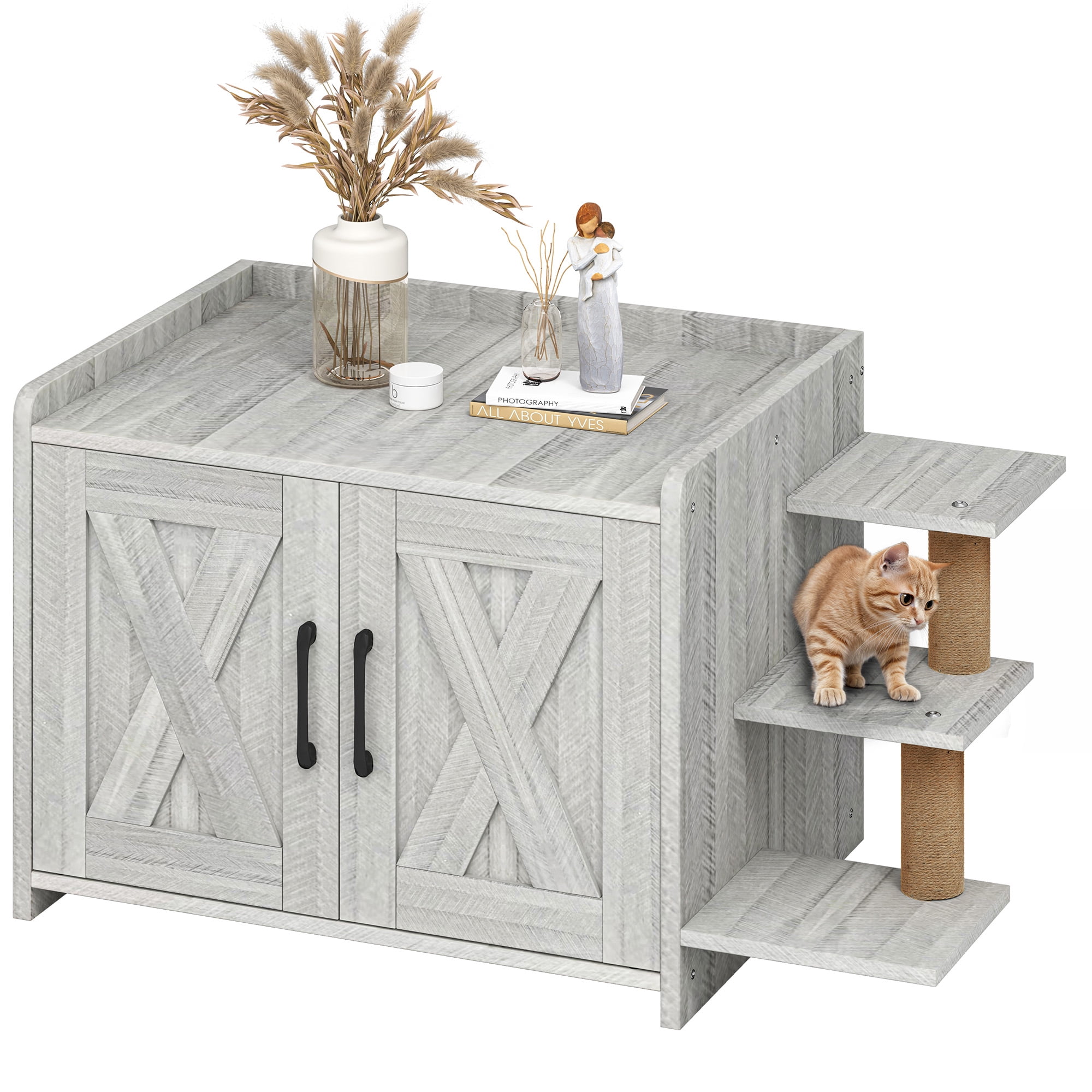 Uforic 27" Cat Litter Box Enclosure, Wooden Cat House Furniture with Scratching Posts & Plush Cushion, Gray