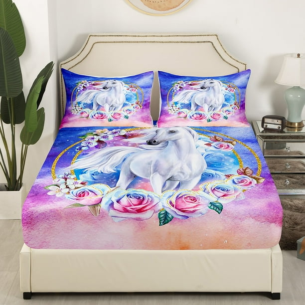 White Unicorn Bed Sheets Trippy Galaxy Fitted Sheet Full Size for