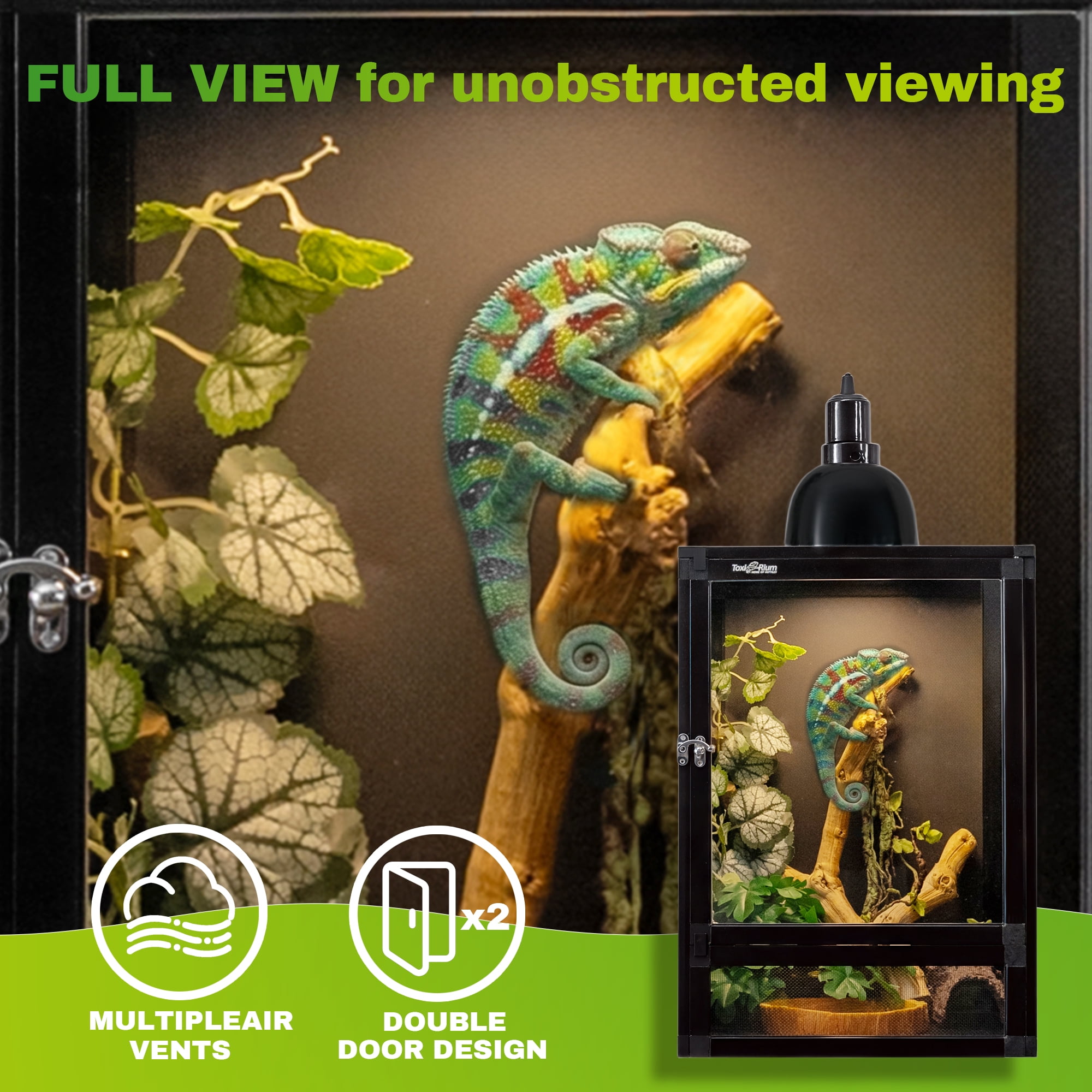 ToxiRium 18x18x36Inch Hybrid PVC Reptile Cage, Ventilated Warm PVC Habitat with Interchangeable Acrylic & Mesh Doors, Easy Assembly, Front Dual Access for Gecko, Chameleon, Snake, Frog