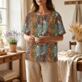 thumbnail image 4 of JULMCOMO Cotton Linen T Shirts for Women Floral Print Short Sleeve Casual Henley Shirts Baggy Comfy Summer Tops with Chest Pocket Wine 3XL, 4 of 9