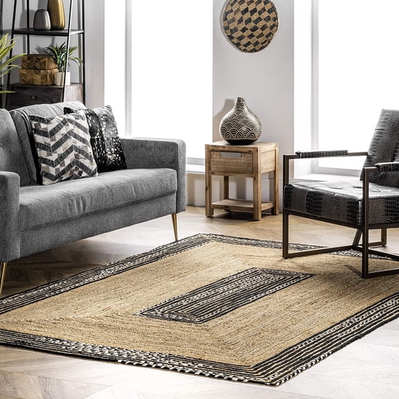 Indian Handmade Braided Black & White Cotton with Natural Jute Area Rugs , Home Decor Rugs Size 2 x 4 Feet ( 60 cm x 120 cm )