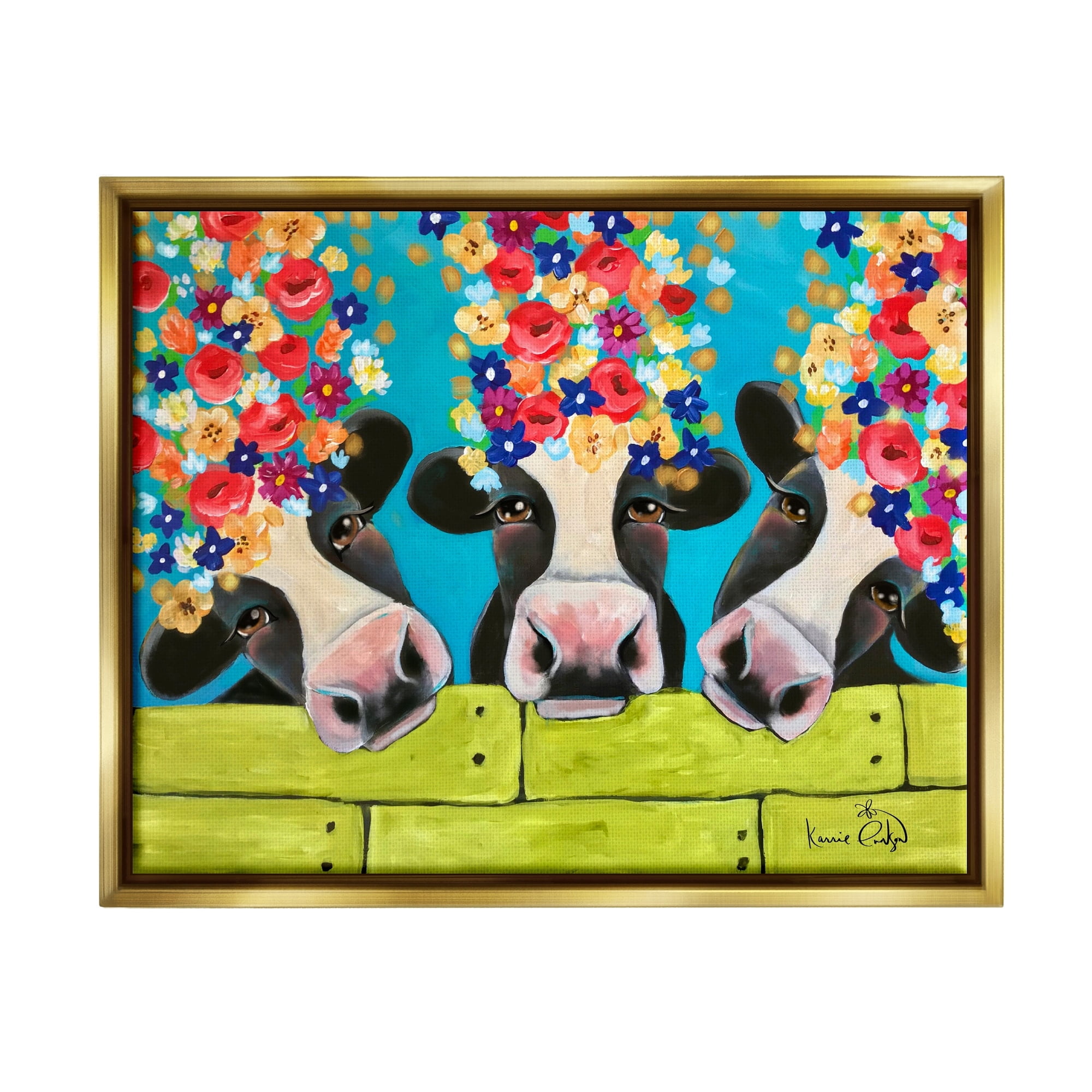 Stupell Industries Farm Cattle Cows Bright Flower Petals Green Planks Painting Metallic Gold Floating Framed Canvas Print Wall Art, Design by Karrie Evenson