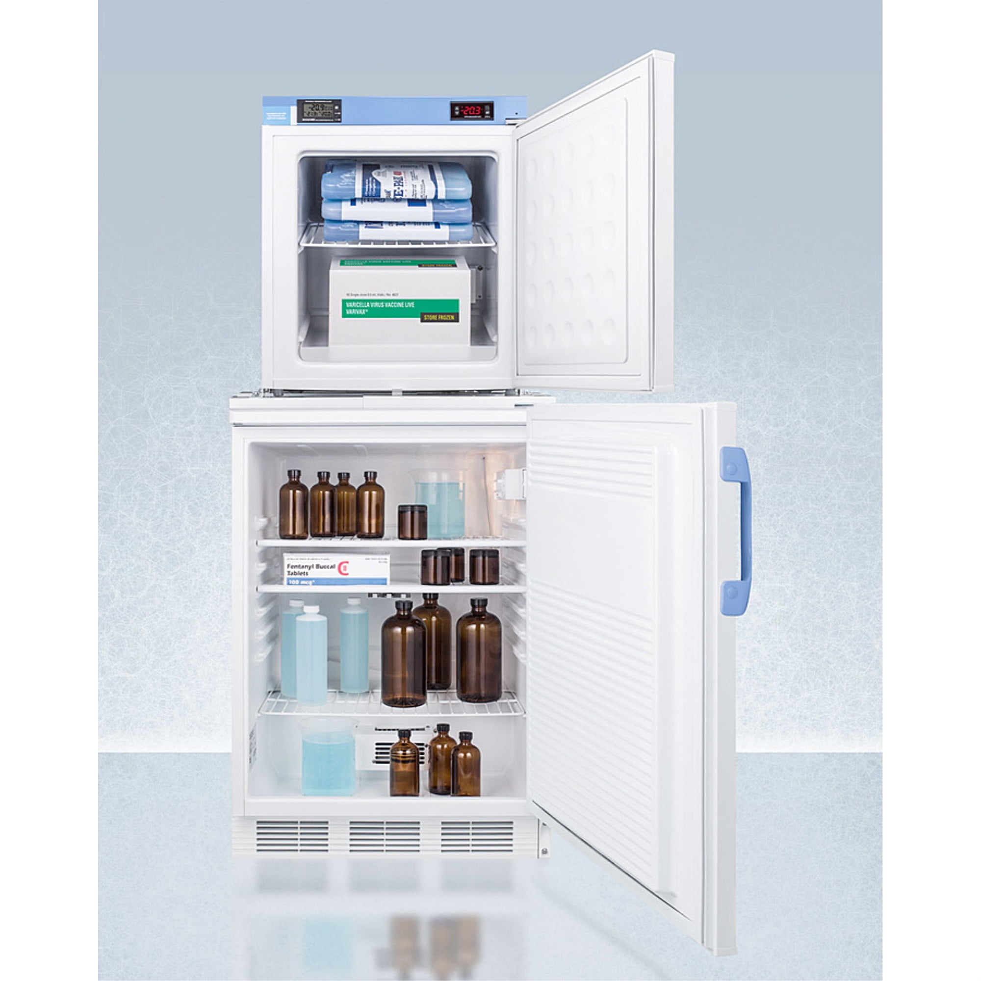 Stacked combination of FF7LWBIMED2 auto defrost all-refrigerator and FS24LMED2 compact manual defrost all-freezer, both with locks, digital controls, and NIST calibrated alarm/thermometers
