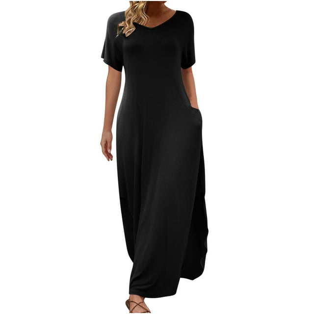 Mgmyaa Robe Maxi d'Été pour Femmes Manches Courtes Col en V Décontractée Ample Longue Plage Fendue avec Poches