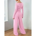 thumbnail image 4 of Women's 2 Piece Matching Lounge Set Long Sleeve Boat Neck Top Wide Leg Pants Casual Sweatsuit Pink S, 4 of 9