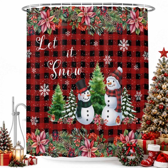 Christmas Tree Snowman Shower Curtain for Bathroom, Winter Flower Leaf Snowflake Checkered Waterproof Shower Curtains Washable Quick Dry with Hooks Bathtub Curtains 36x72IN