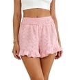 thumbnail image 4 of Oiangi Summer Shorts for Women Elastic Waist Eyelet Ruffled Shorts Casual Wide Leg Bermuda Shorts Pink S, 4 of 5