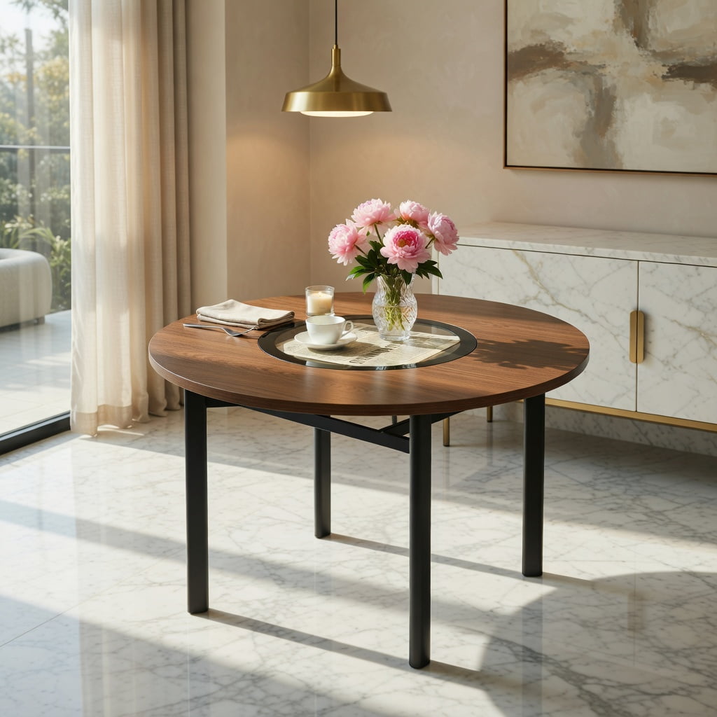 Hommoo 42 Inch Round Dining Table, Modern Minimalist Brown Wood Grain Top with Teal-Tinted Glass Inlay, Black Metal Base & Lower Glass Shelf for 4-6 People, Walnut & Black