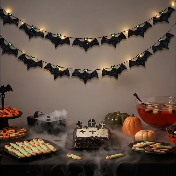 Aonerit 5.5IN Glow Dark Bat Banner Garland Kit, Black Glitter Paper Bunting, Halloween Wall Party Background Decor, Seasonal Home Hanging Display
