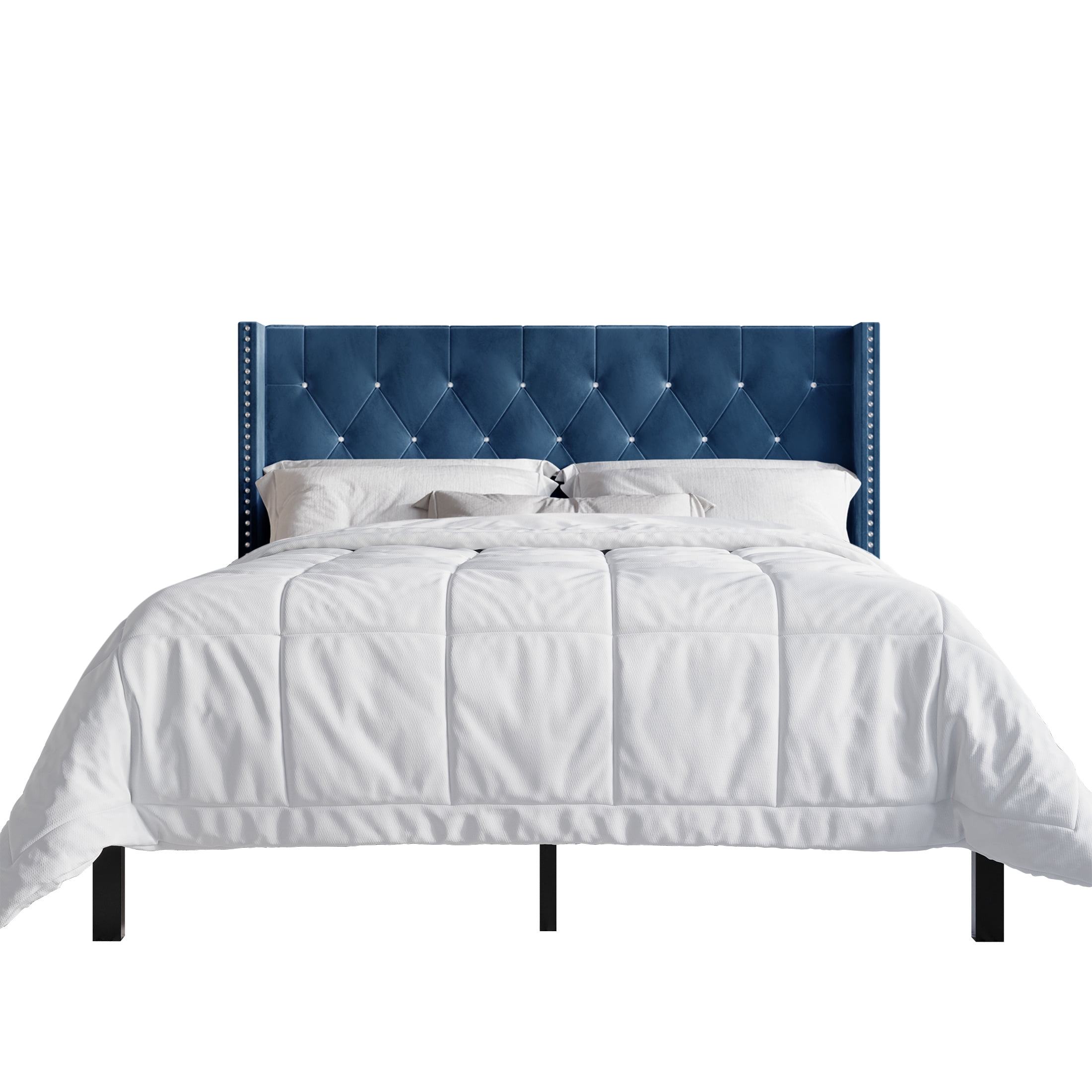 Castle Place Button Tufted Wingback Velvet Upholstered Bed with 2 Nightstands, Navy Blue, Full