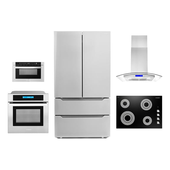 Cosmo 5 Piece Kitchen Appliance Package With 30" Electric Cooktop 36" Island Range Hoood 30" Single Electric Wall Oven 30" Over-the-range Microwave & French Door Refrigerator