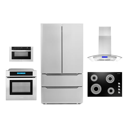 Cosmo 5 Piece Kitchen Appliance Package With 30  Electric Cooktop 36  Island Range Hoood 30  Single Electric Wall Oven 30  Over-the-range Microwave & French Door Refrigerator