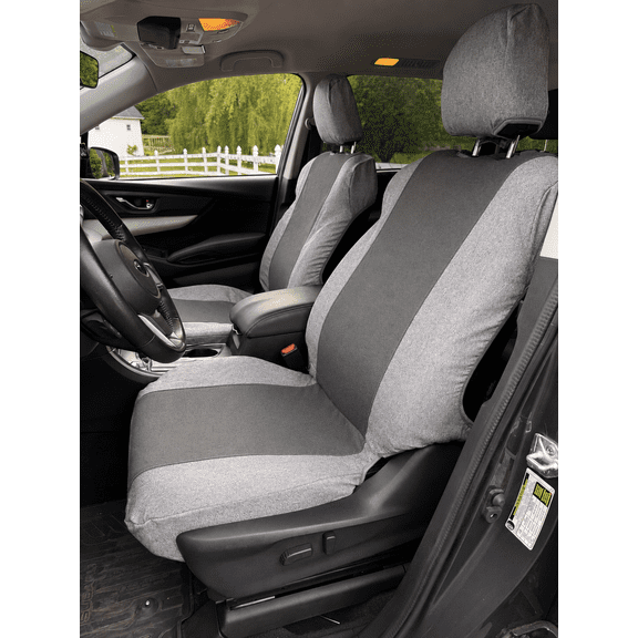 Truck/SUV bucket seat covers, Automotive fabrics. Suitable for Side Airbags, inside armrest, separate headrest covers. Gray with Dark Gray Inserts.