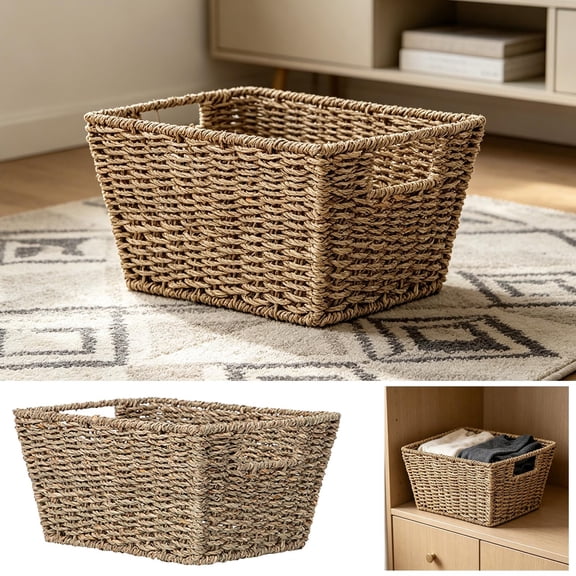 Lenkho Handwoven Seagrass Storage Basket, Decorative Organizers with Built-in Handles, Rectangular Wicker Organizer Bin for Laundry, Living Room and Home Organization