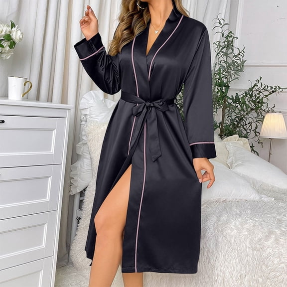Riecok Silk Robes for Women Plus Size Bathrobes Solid Color Long Sleeve Knee Length Loungewear Lightweight Loose Sleepwear