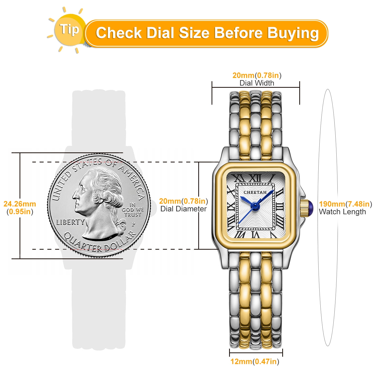 CHEETAH Watches for Women with Small Vintage Bracelet, Rectangular Case Roman Dial