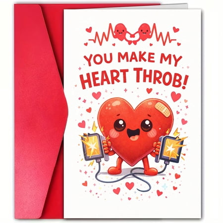 Valentine s Day Card for Couples – You Make My Heart Throb! Cute Heart Character Design – Envelope Included Blank Inside – Perfect Love Note for Him or Her