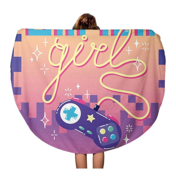 SIDONKU 60 inch Round Beach Towel Blanket Purple Geek Gamer Girl Cute Colorful Retro Game Controller Travel Circle Circular Towels Mat Tapestry Beach Throw
