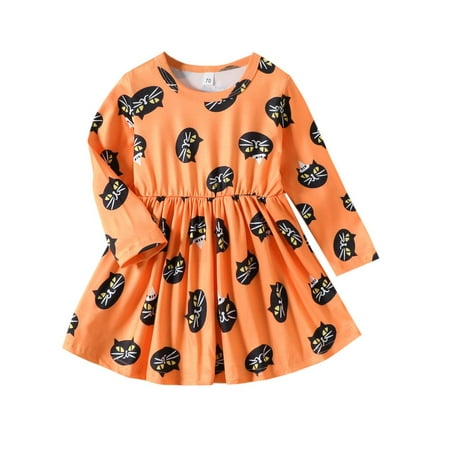 

HLONK Newborn Baby Toddler Girls Long Sleeve Halloween Cat Prints Princess Dress Dance Party Dresses Kids Clothes Orange