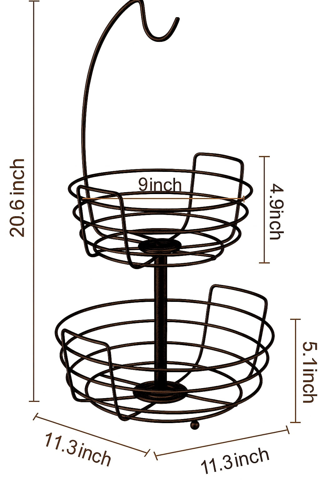 Fruit Basket Fruit Bowl 2 Tier Fruit Rack for Kitchen with Banana Hanger, Fruit Bowl for Kitchen Counter Bread Basket Fruit Holder
