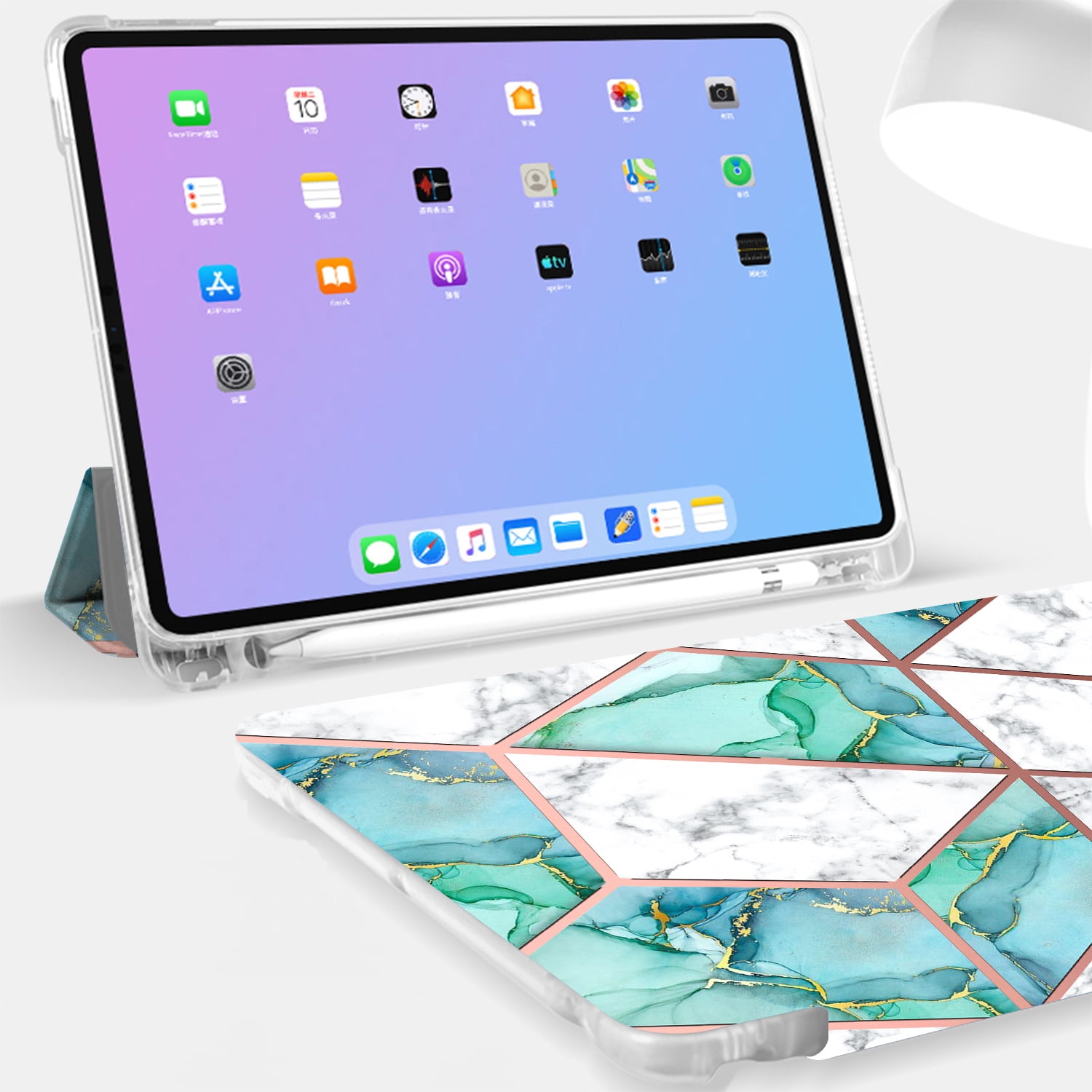 iPad 9th 2021 8th 2020 7th 2019 Gen [iPad 9 iPad 8 iPad 7 ] 10.2 Inch A2602 A2270 A2197 MK663LL/A MK673LL/A MYN62LL/A MW6Y2LL/A Clear Back TPU Silicone Back Printed Case Pencil Holder - Marble Green