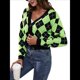 thumbnail image 2 of Suéteres de Punto para Mujer, de Larga, con Rombos, Abertura Frontal, Botones y Cuello en V, Abrigos Cortos Verde Negro M, 2 of 10