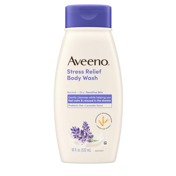 Aveeno Stress Relief Body Wash with Soothing Oat, Lavender, Chamomile & Ylang-Ylang Essential Oils, Hypoallergenic, Dye-Free & Soap-Free Calming Body Wash gentle on Sensitive Skin, 18