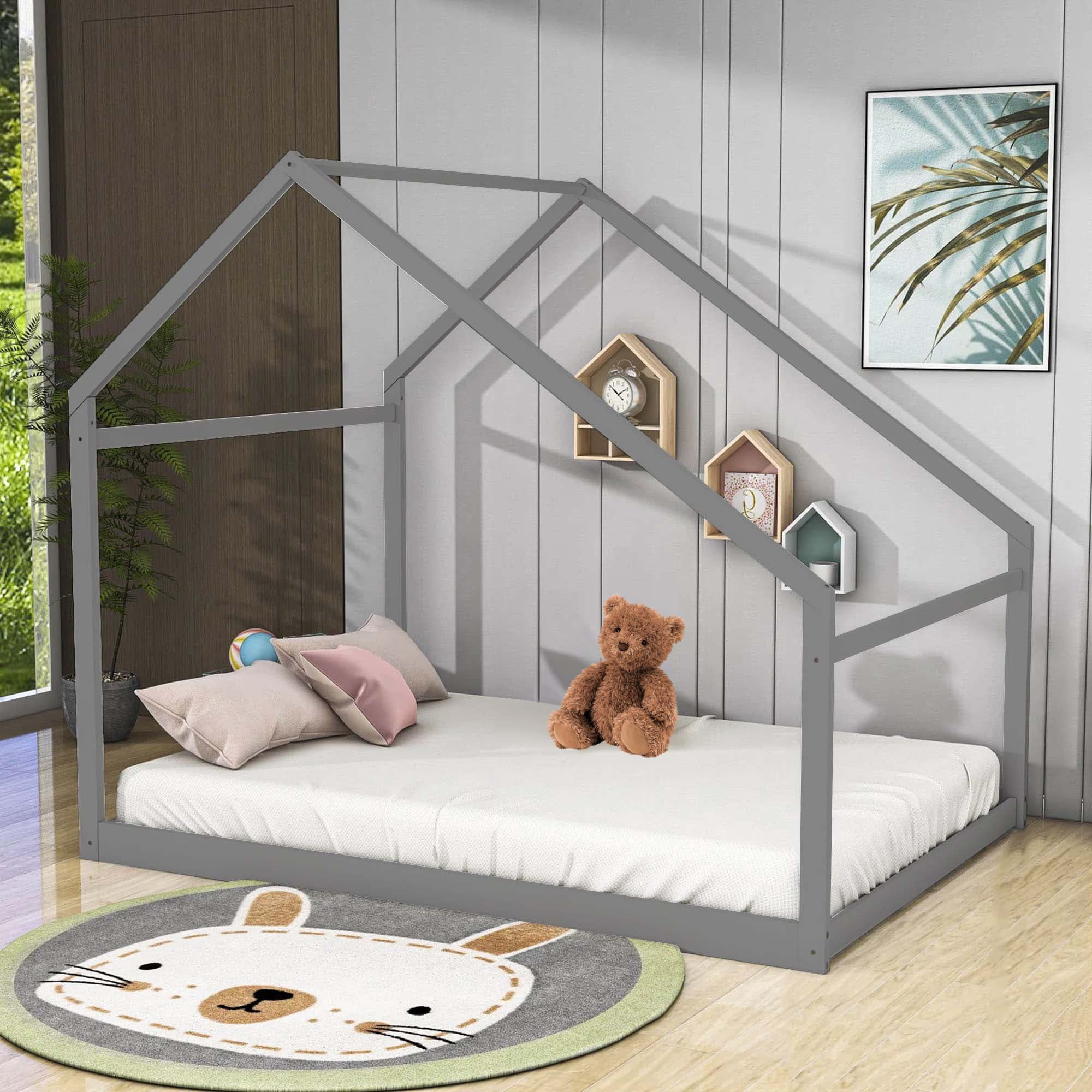 Aukfa Twin House Bed for Kids, Platform Bed with Roof, Wood - Gray