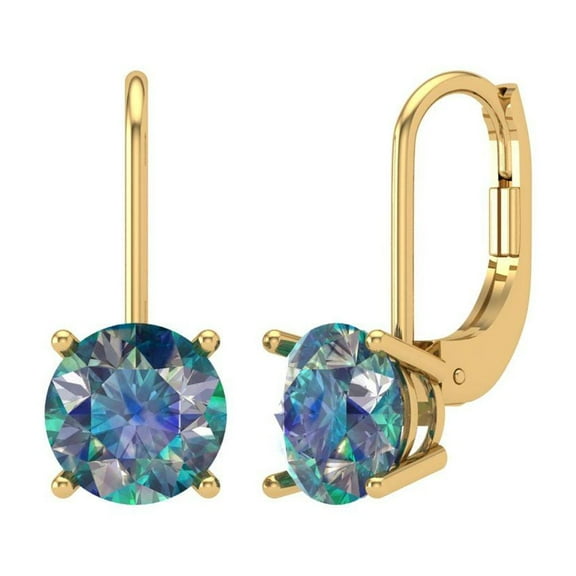 4 ct Lever-Back Drop Dangle Earrings for Women | 8.0mm Round Cut Blue Moissanite | 18K Yellow Gold