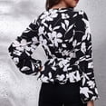 thumbnail image 4 of White Flowers on Black, Ruffled Hem, Size M Floral V-Neck Long-Sleeve Wrap Blouse, 4 of 6