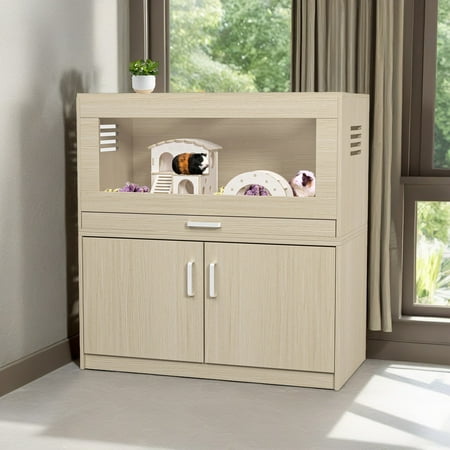 Pefilos 33 Wooden Hamster Cages Guinea Pig Hutch with Independent Storage Cabinet Small Animal Pet House for Indoor Dark Beige
