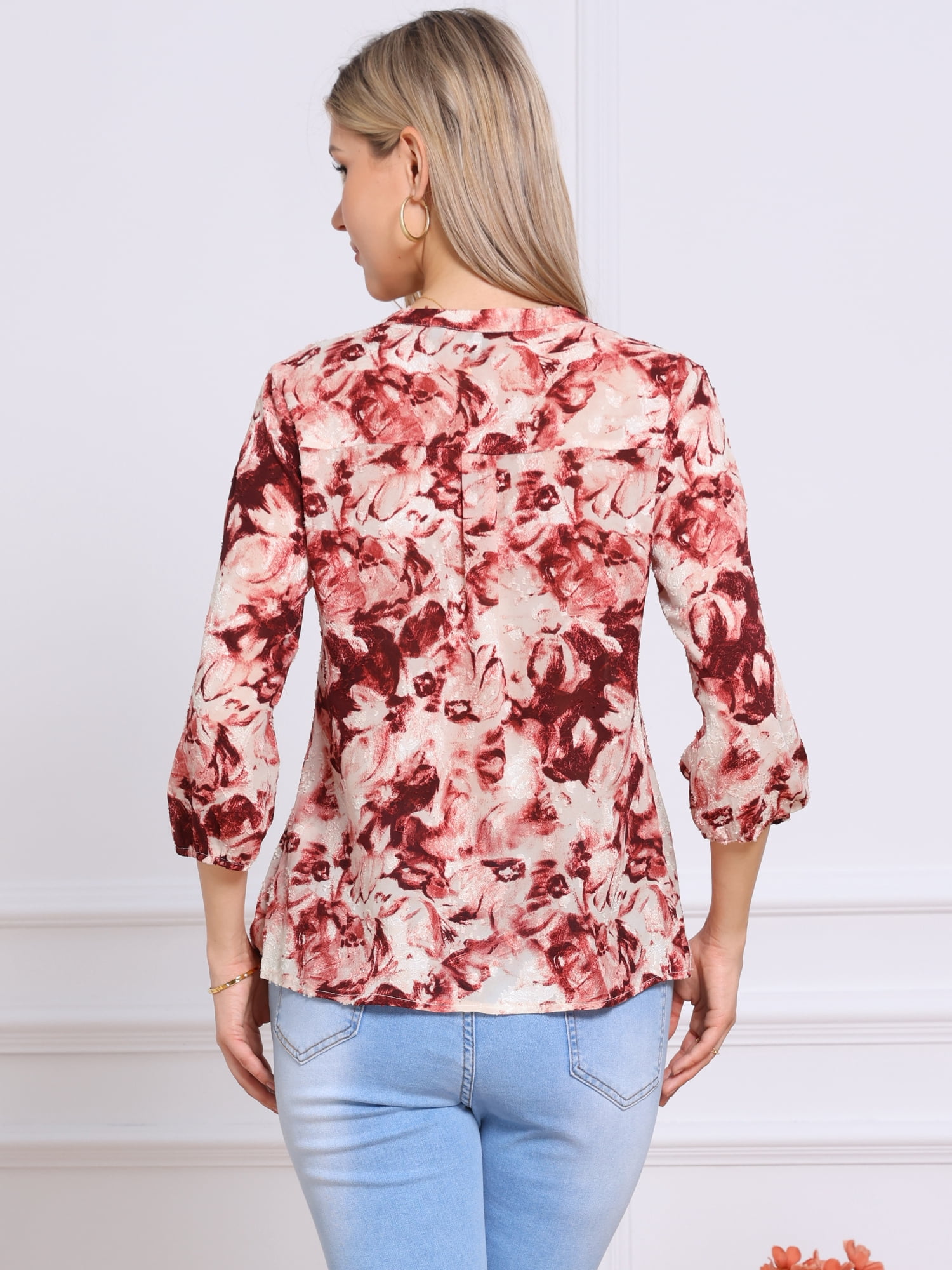DARING DIVA Women's 3/4 Sleeve Button Down V Neck Casual Pleated Top M Beige Red