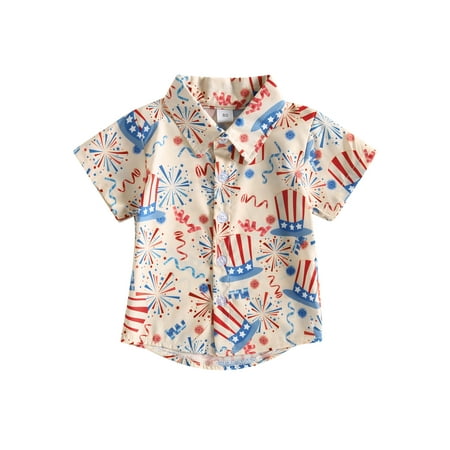 

Thaisu 0-4Y Kids Boys Shirt Short Sleeve Turn-down Collar Fireworks/Boots/Guitar Print Summer Tops for Independence Day