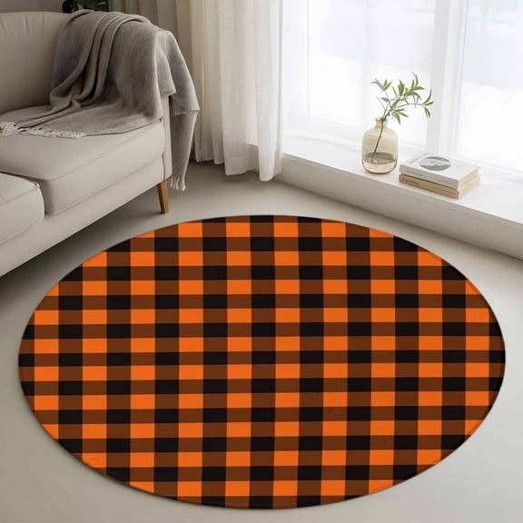 3ft Round Rug, Black Orange Plaid Non-Skid Rubber Backing Large Area Rugs - Living Room Bedroom Home Office, Farmhouse Buffalo Check Gingham Indoor Floor Mat Carpets Washable Rug