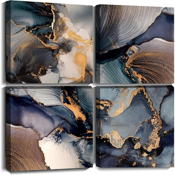 Art Mural sur Toile Abstrait Bleu Marine et Or Décoration de Salon Peinture Moderne Abstraite sur Toile Image Encadrée Oeuvre d'Art Chambre Salle de Bain Cuisine Décoration Ensemble de 4 Pcs (Bleu, 12"x12"x4pcs)