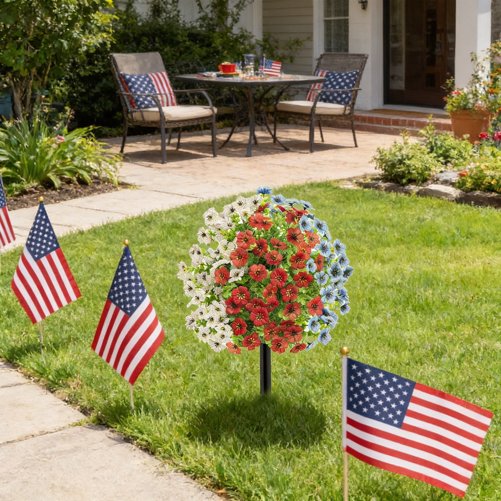 Bcylexb 4th of July Patriotic Artificial Flowers for Outdoors, UV Resistant Realistic Fake Flowers with Stake for Independence Day Indoor Home Garden Decor